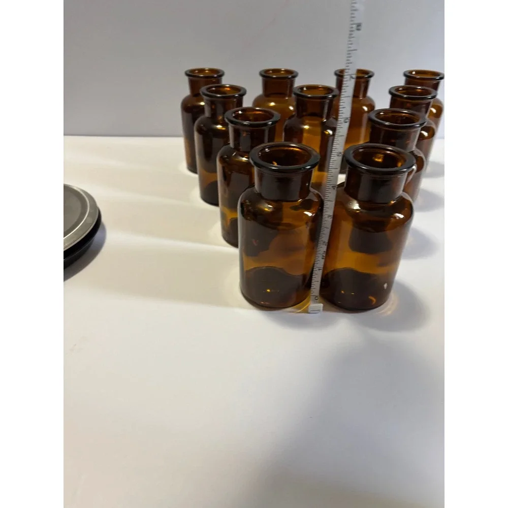 Set of 11 Amber Glass Apothecary Bottles Vintage Style Small Brown Jars 4in